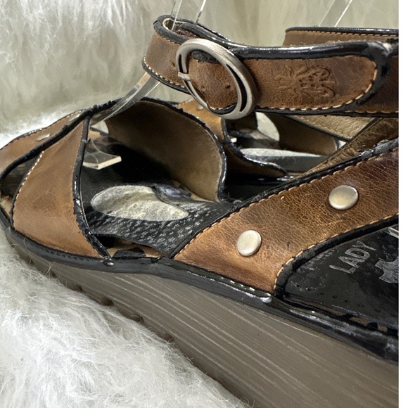 FLY London Strappy Wedge Sandals Womens EU 37 Brown Leather  Fly London Brown Leather Studded Wedge Sandals Ankle Strap P500547002 EU 39 40